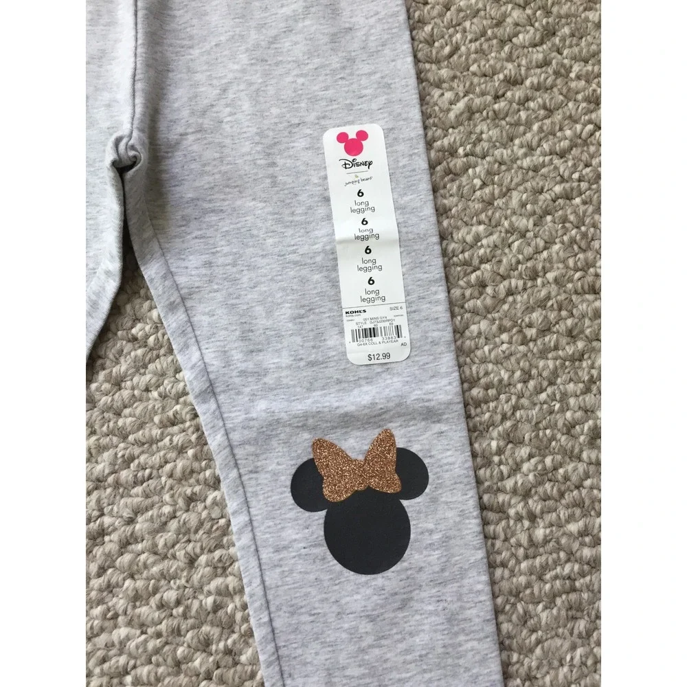 Disney Minnie Mouse Gray‎ Long Leggings Kids Size 6 Glitter Bows Joyful Comfort